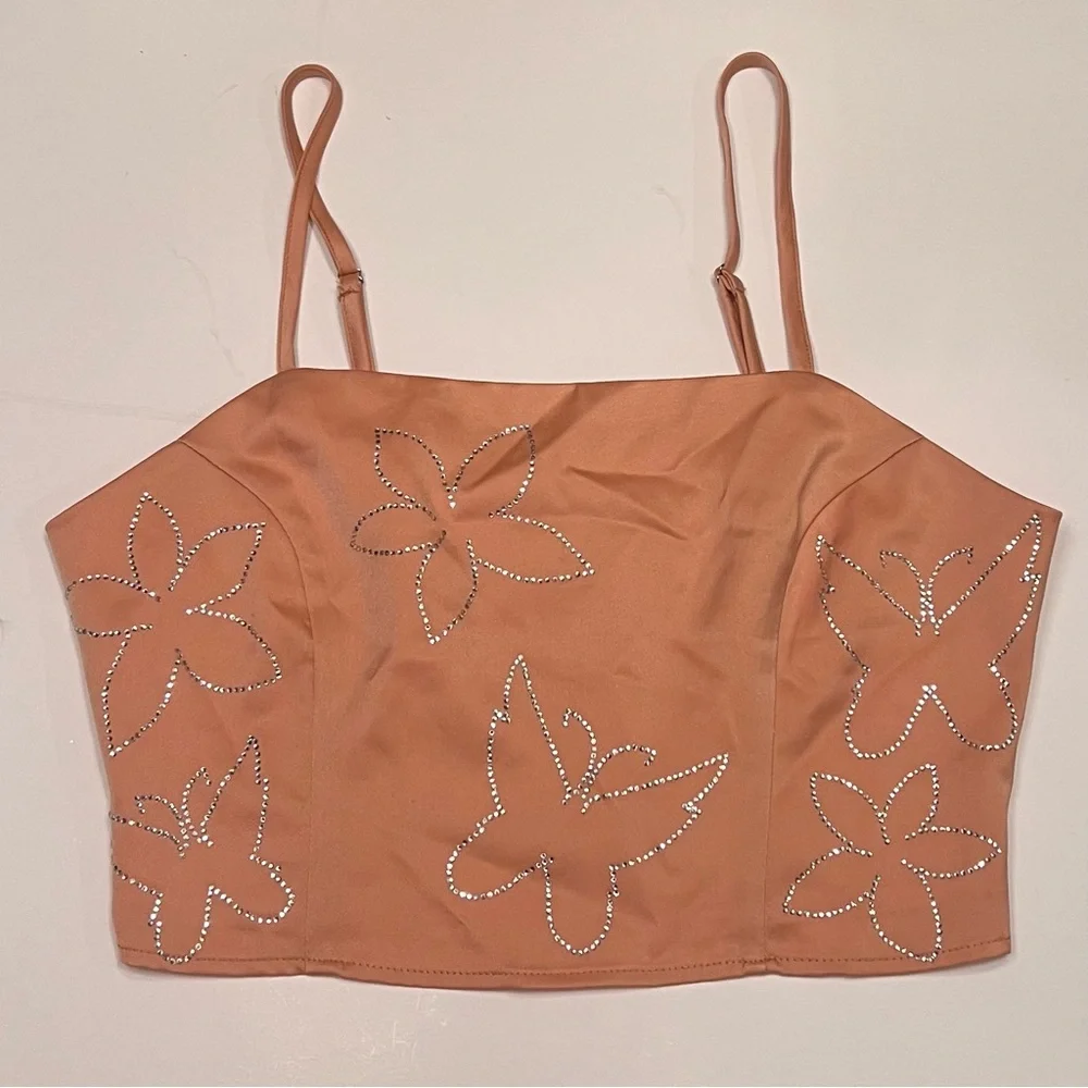 Le Lis Crop Camisole Top & Mini Skirt‎ Set in Nude Peach Rhinestones Size XS/S
